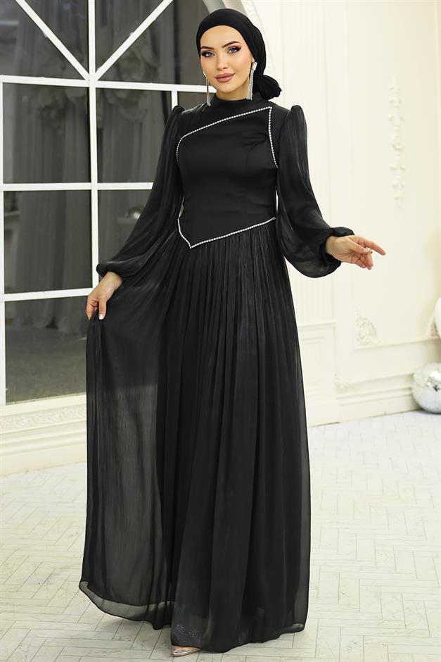 İnci ve Saten Detaylı Yoryo İpek Tesettür Abiye Elbise SİYAH 1688