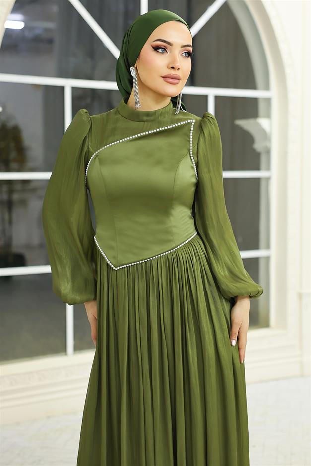 İnci ve Saten Detaylı Yoryo İpek Tesettür Abiye Elbise YEŞİL 1688