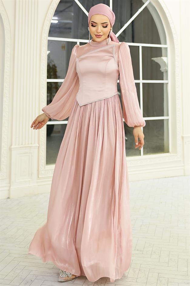 İnci ve Saten Detaylı Yoryo İpek Tesettür Abiye Elbise PUDRA 1688