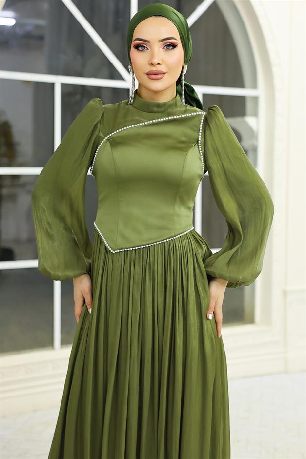 İnci ve Saten Detaylı Yoryo İpek Tesettür Abiye Elbise YEŞİL 1688