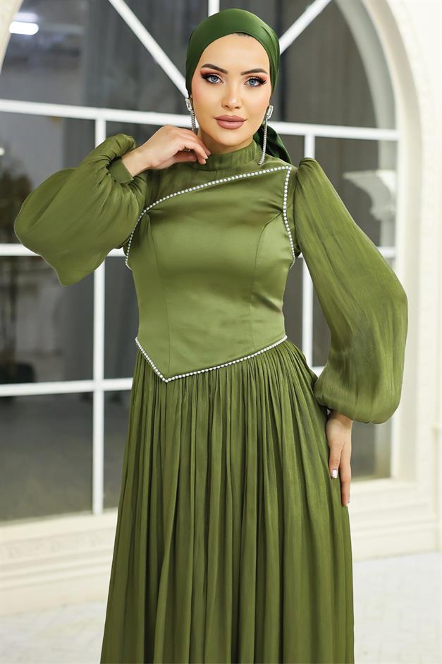 İnci ve Saten Detaylı Yoryo İpek Tesettür Abiye Elbise YEŞİL 1688