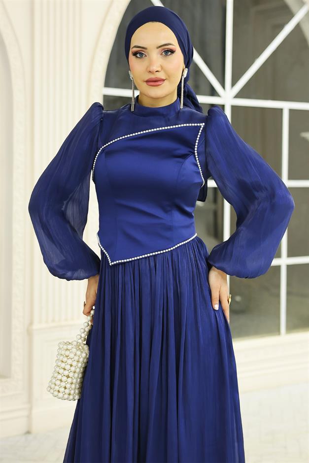 İnci ve Saten Detaylı Yoryo İpek Tesettür Abiye Elbise K. İNDİGO 1688