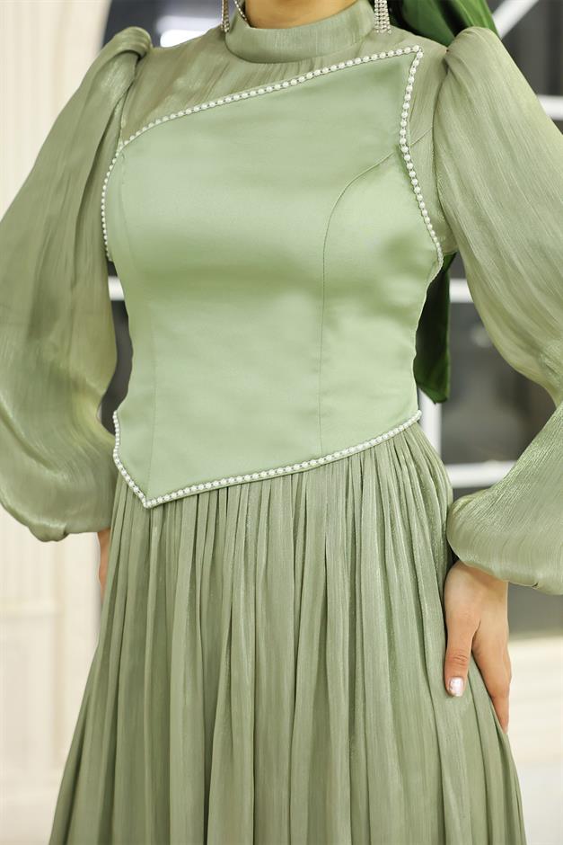 İnci ve Saten Detaylı Yoryo İpek Tesettür Abiye Elbise AÇIK YEŞİL 1688