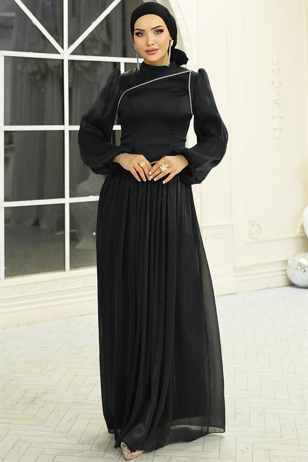 İnci ve Saten Detaylı Yoryo İpek Tesettür Abiye Elbise SİYAH 1688
