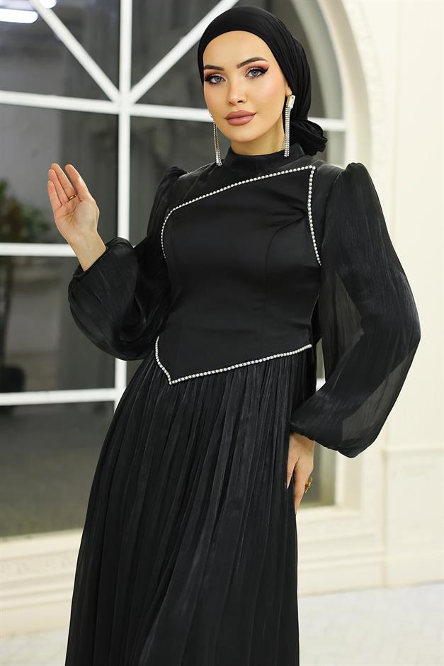 İnci ve Saten Detaylı Yoryo İpek Tesettür Abiye Elbise SİYAH 1688