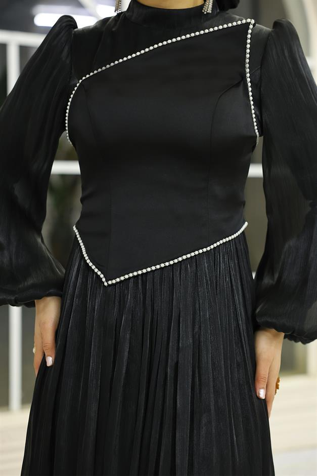 İnci ve Saten Detaylı Yoryo İpek Tesettür Abiye Elbise SİYAH 1688