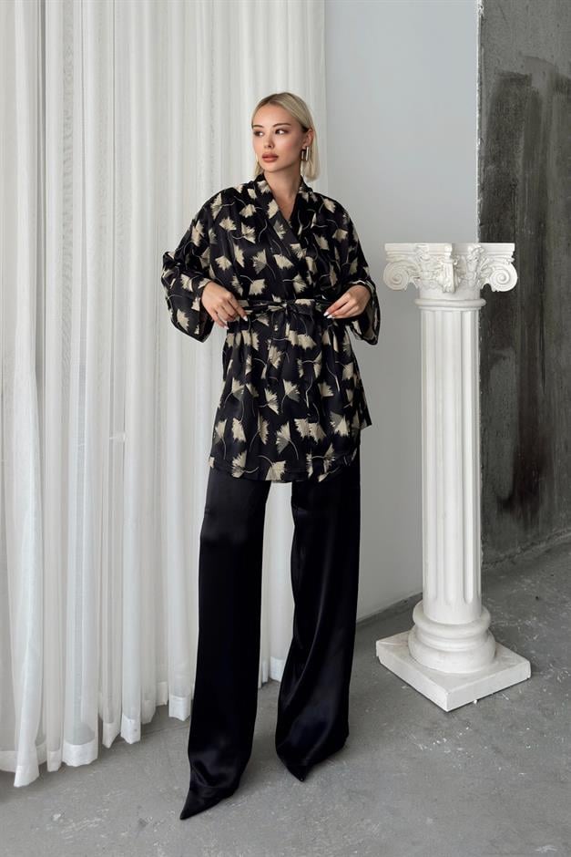 Silk Look Kimono Two Piece Set BLACK 9250-TK