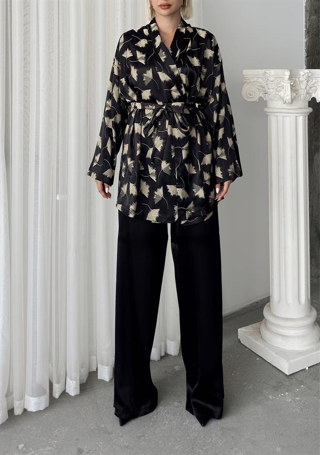 Silk Look Kimono Two Piece Set BLACK 9250-TK