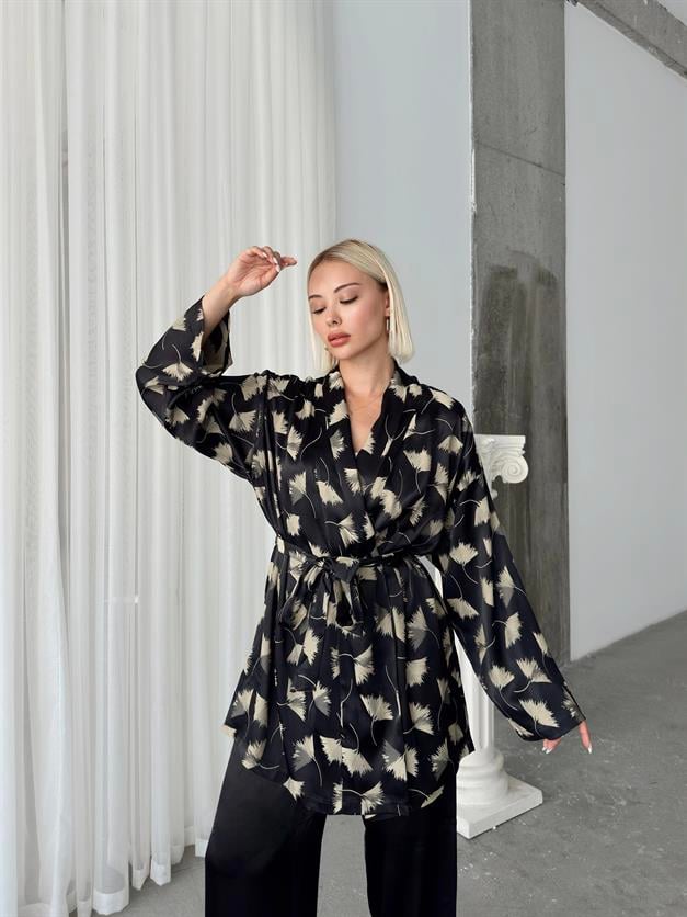 Silk Look Kimono Two Piece Set BLACK 9250-TK