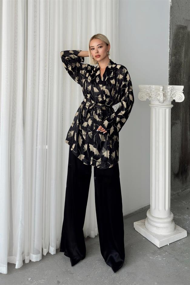 Silk Look Kimono Two Piece Set BLACK 9250-TK