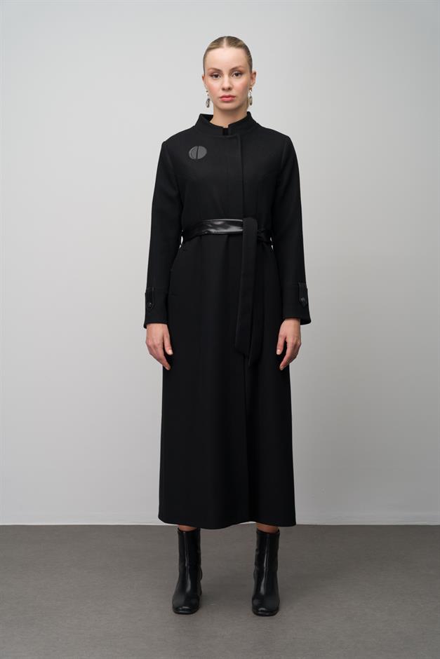 Wool Blend Long Coat with Embroidered and Leather Appliques BLACK 6628