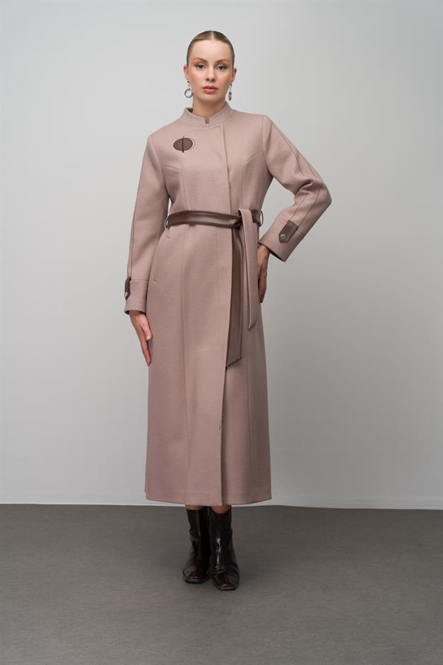 Wool Blend Long Coat with Embroidered and Leather Appliques IVORY 6628