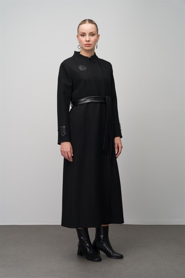 Wool Blend Long Coat with Embroidered and Leather Appliques BLACK 6628