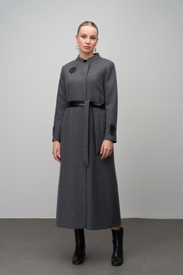 Wool Blend Long Coat with Embroidered and Leather Appliques HARD COAL 6628