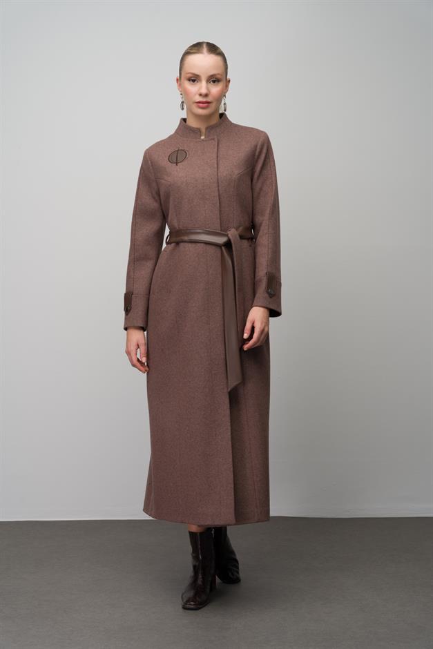 Wool Blend Long Coat with Embroidered and Leather Appliques COFFEE MELANGE 6628