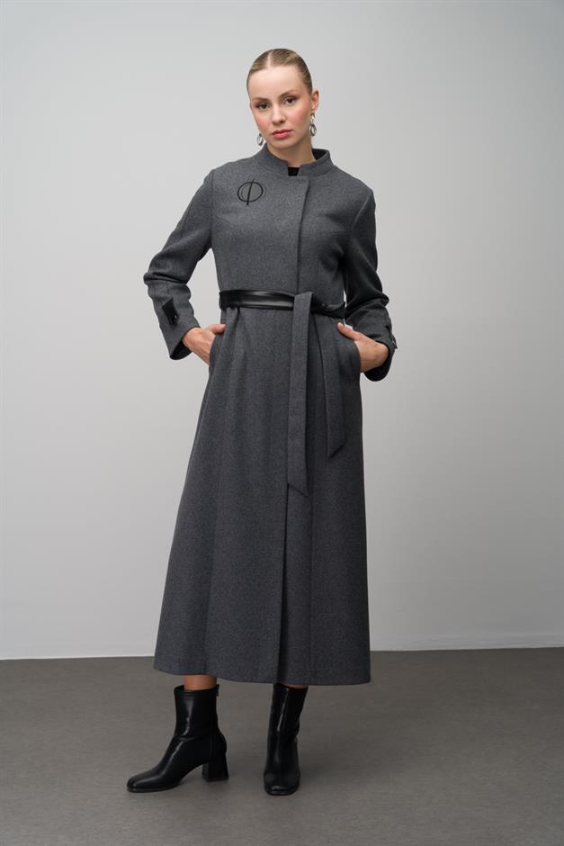 Wool Blend Long Coat with Embroidered and Leather Appliques HARD COAL 6628