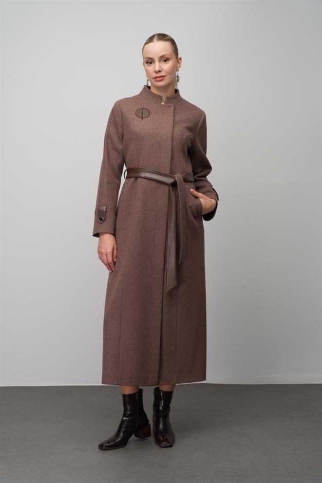 Wool Blend Long Coat with Embroidered and Leather Appliques COFFEE MELANGE 6628