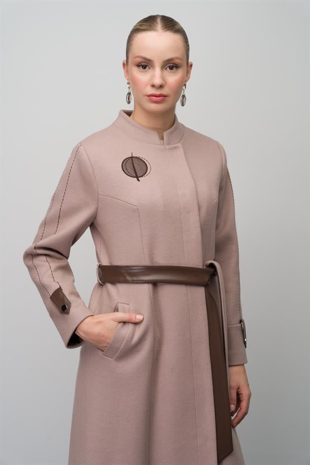 Wool Blend Long Coat with Embroidered and Leather Appliques IVORY 6628