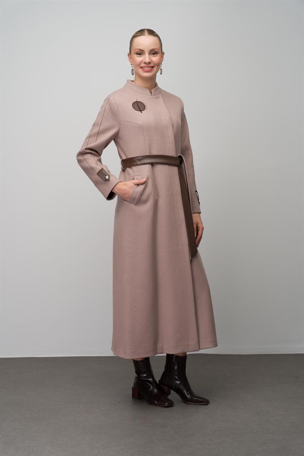 Wool Blend Long Coat with Embroidered and Leather Appliques IVORY 6628