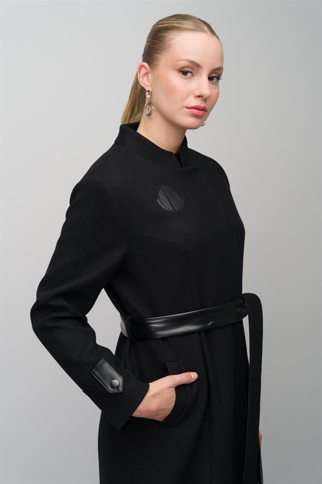 Wool Blend Long Coat with Embroidered and Leather Appliques BLACK 6628