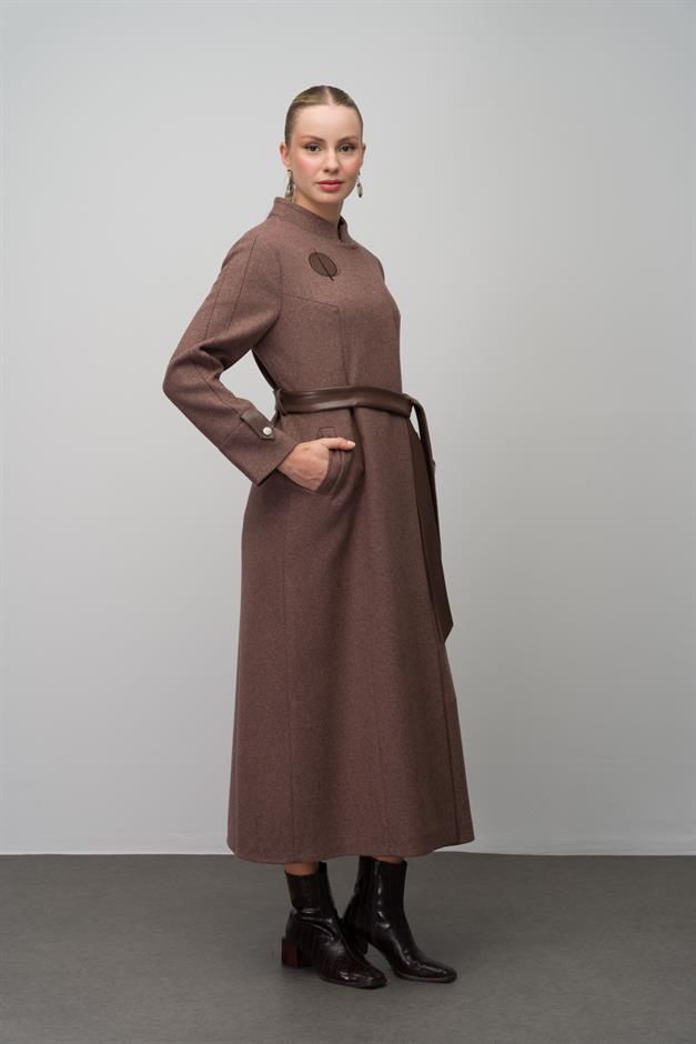 Wool Blend Long Coat with Embroidered and Leather Appliques COFFEE MELANGE 6628