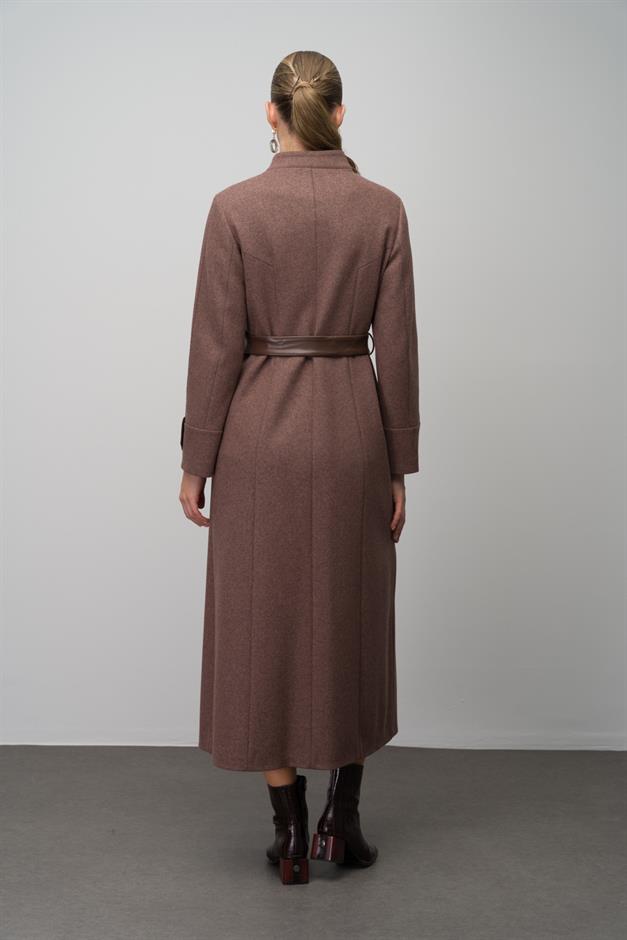 Wool Blend Long Coat with Embroidered and Leather Appliques COFFEE MELANGE 6628