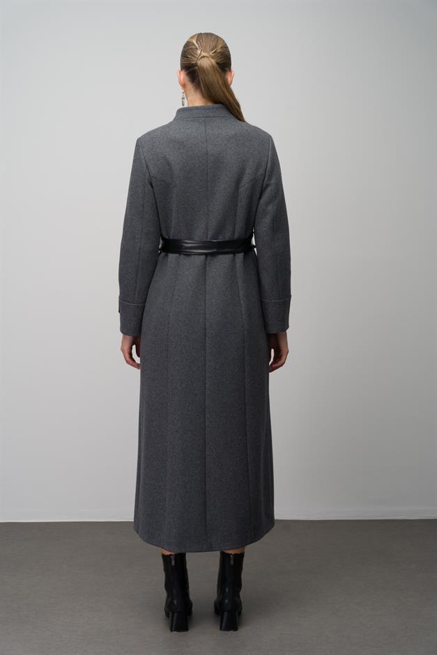 Wool Blend Long Coat with Embroidered and Leather Appliques HARD COAL 6628