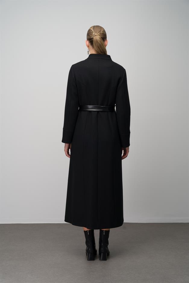 Wool Blend Long Coat with Embroidered and Leather Appliques BLACK 6628