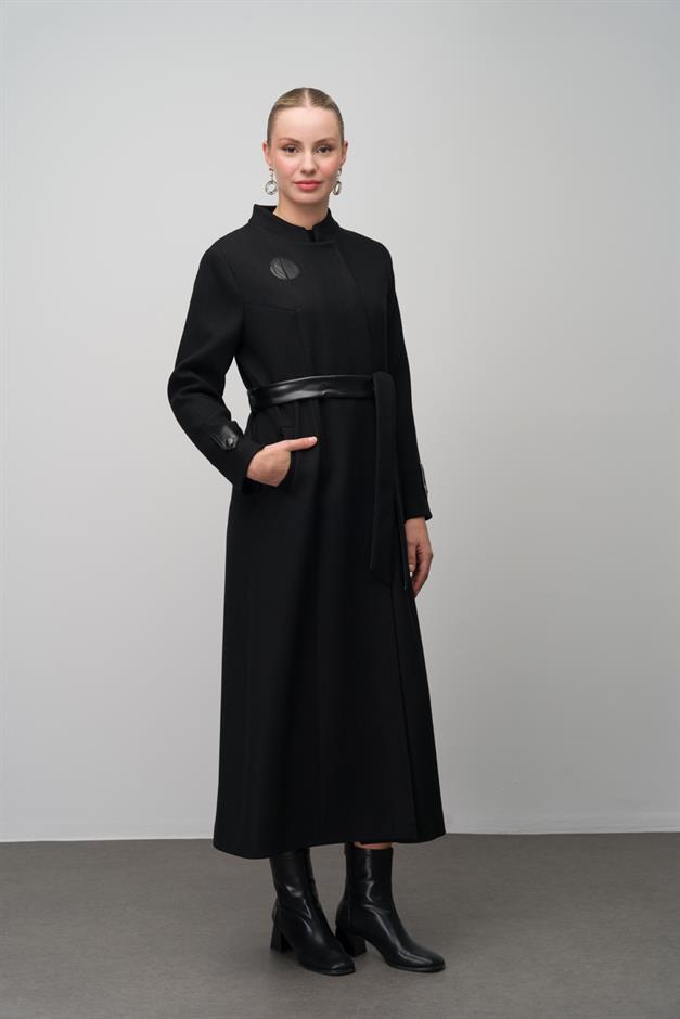 Wool Blend Long Coat with Embroidered and Leather Appliques BLACK 6628