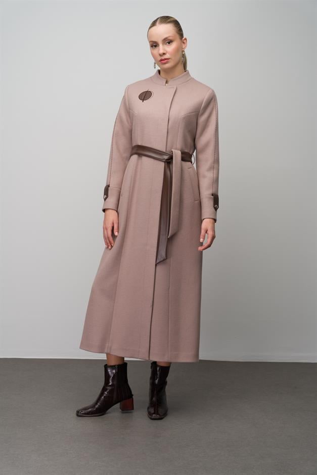 Wool Blend Long Coat with Embroidered and Leather Appliques IVORY 6628