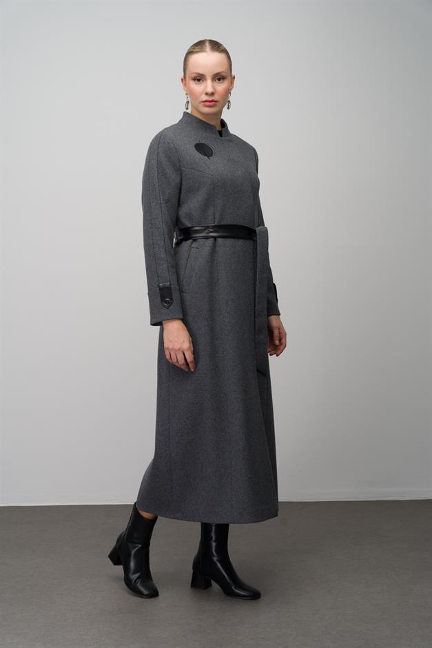 Wool Blend Long Coat with Embroidered and Leather Appliques HARD COAL 6628