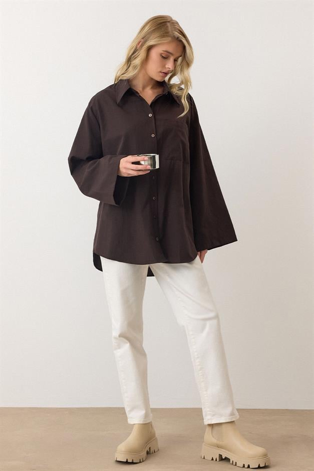Spanish Sleeve Loose Cotton Shirt COFFEE 9365