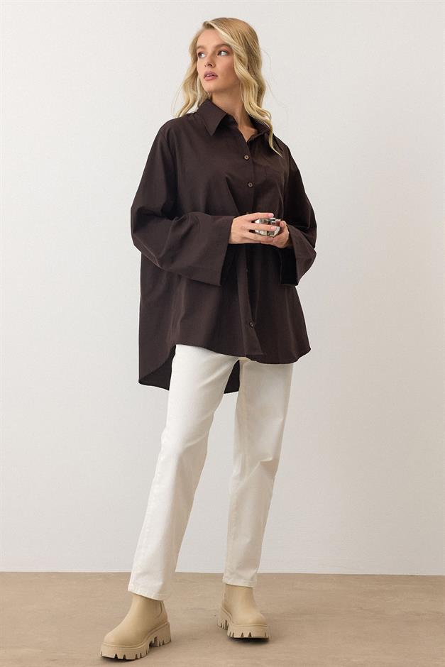 Spanish Sleeve Loose Cotton Shirt COFFEE 9365