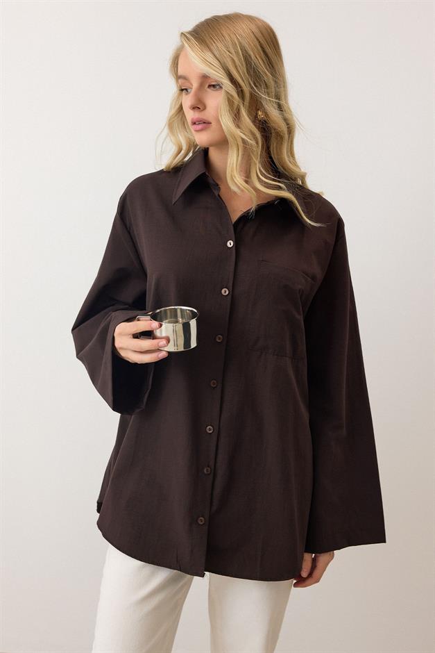 Spanish Sleeve Loose Cotton Shirt COFFEE 9365