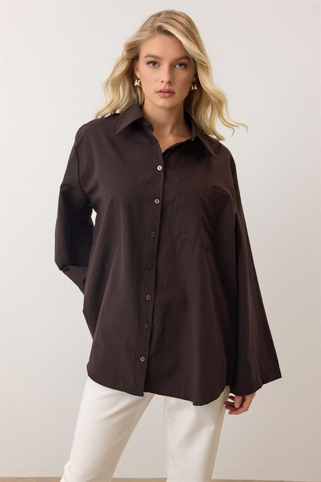 Spanish Sleeve Loose Cotton Shirt COFFEE 9365