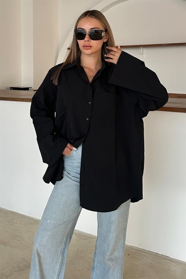 Spanish Sleeve Loose Cotton Shirt BLACK 9365