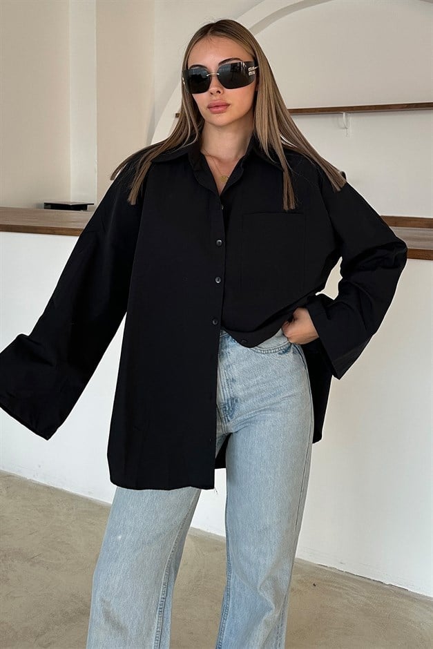 قميص قطني فضفاض بأكمام إسبانية أسود 9365