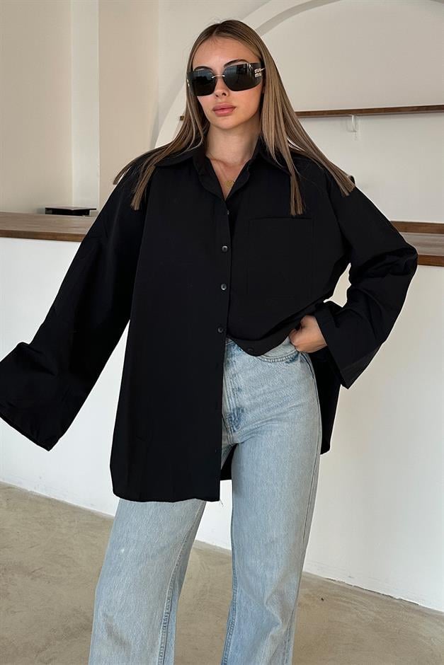 Spanish Sleeve Loose Cotton Shirt BLACK 9365