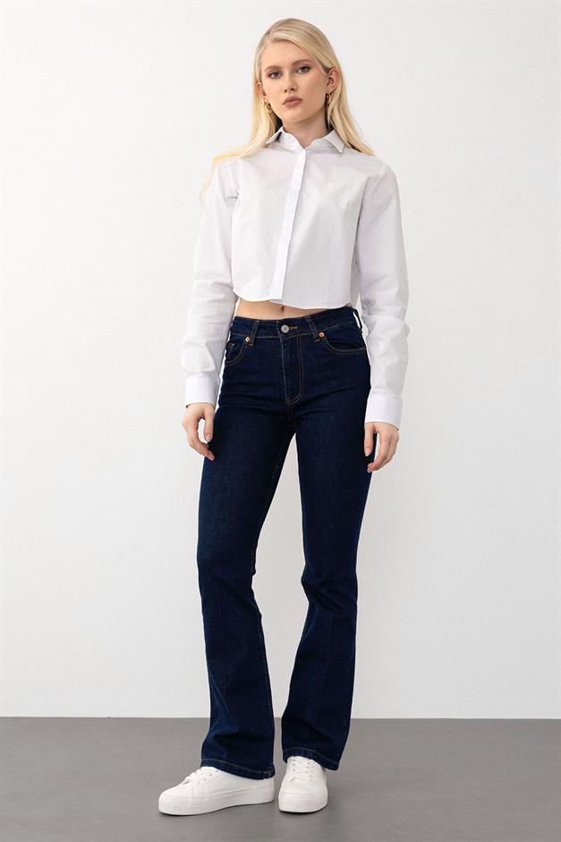 بنطال جينز واسع الساق أزرق غامق 7574