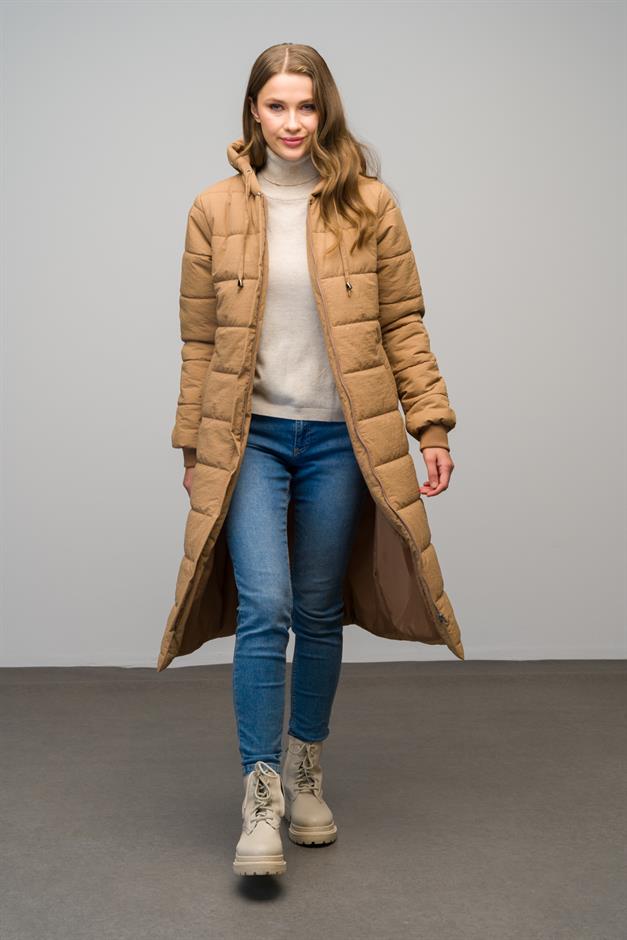 معطف طويل مبطن بأكمام مضلعة وغطاء رأس وسحاب للإغلاق كامل 6626