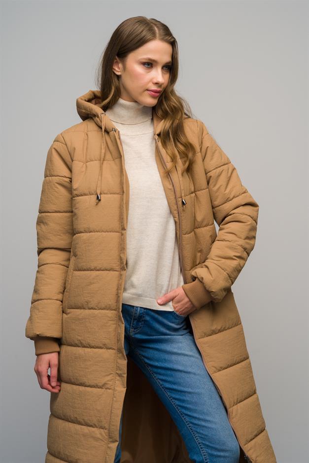 معطف طويل مبطن بأكمام مضلعة وغطاء رأس وسحاب للإغلاق كامل 6626