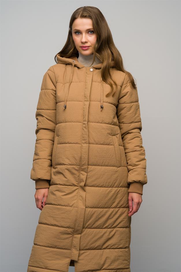 معطف طويل مبطن بأكمام مضلعة وغطاء رأس وسحاب للإغلاق كامل 6626