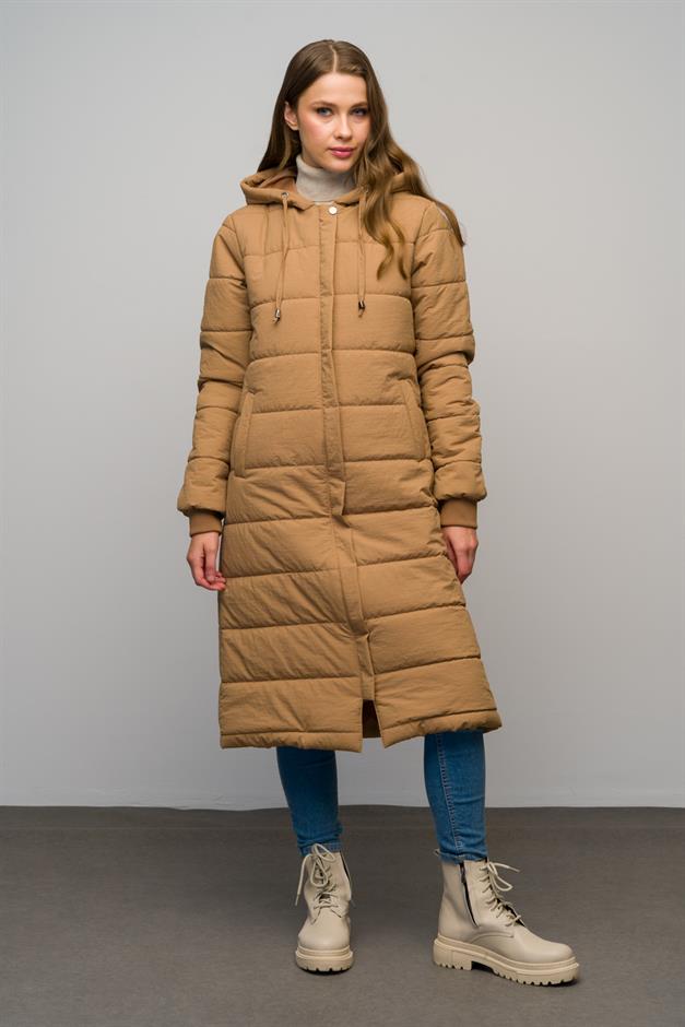 معطف طويل مبطن بأكمام مضلعة وغطاء رأس وسحاب للإغلاق كامل 6626