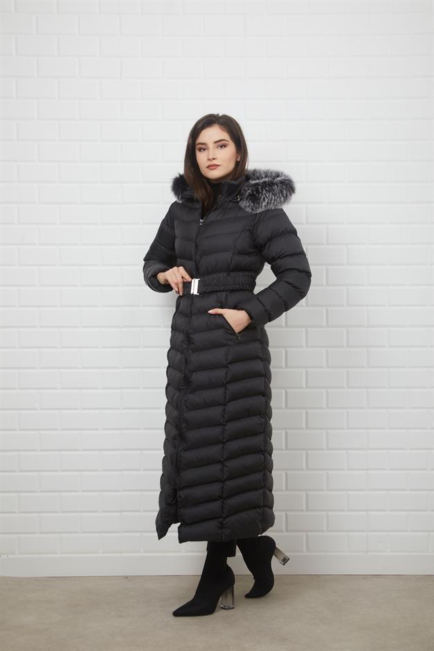 Kapşonu Çıkabilen Kürklü Uzun Şişme Kap SİYAH 6139