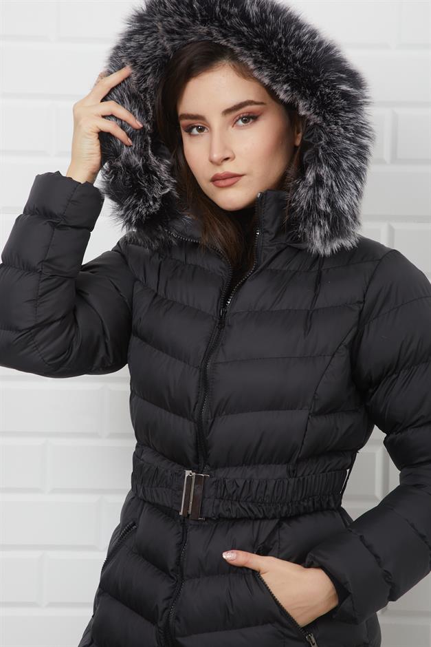 Kapşonu Çıkabilen Kürklü Uzun Şişme Kap SİYAH 6139