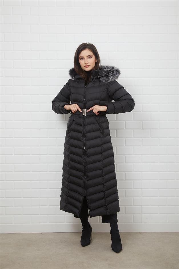 Kapşonu Çıkabilen Kürklü Uzun Şişme Kap SİYAH 6139