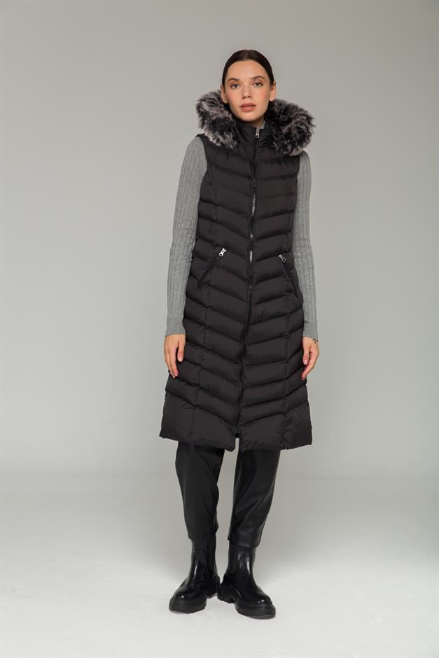 Furry Hooded Puffer Vest BLACK 8187