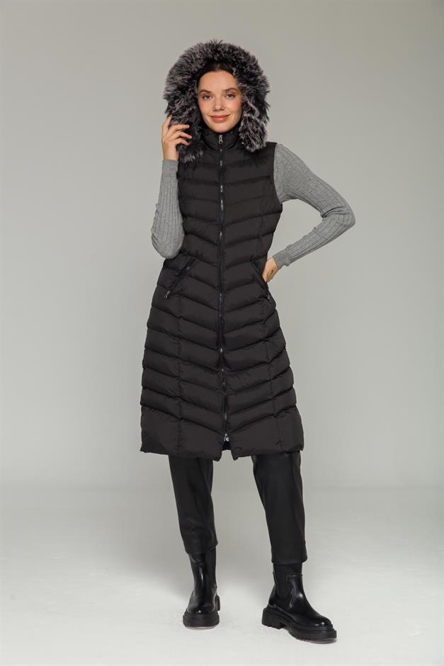 Furry Hooded Puffer Vest BLACK 8187