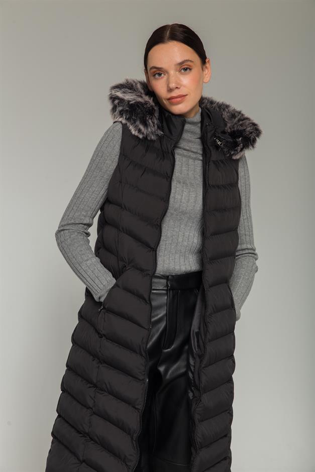 Furry Hooded Puffer Vest BLACK 8187