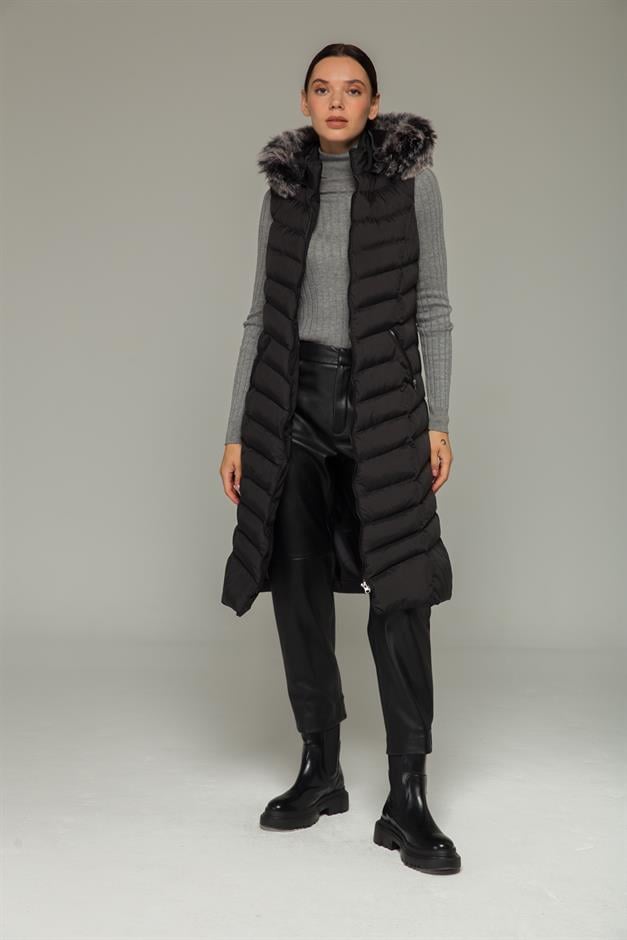 Furry Hooded Puffer Vest BLACK 8187
